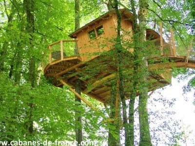 Cabane dans les arbres en Bourgogne-Franche-Comté, perchée au milieu des feuillus.