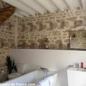 Hébergement insolite en Limousin : salle de bain moderne avec murs en pierre apparente.