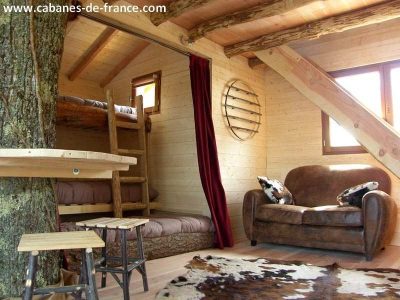Cabane en bois dans les arbres, avec un arbre traversant lintérieur et un coin salon.
