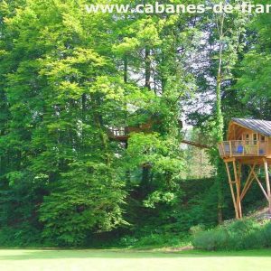 Cabane perchée dans les arbres, entourée de verdure luxuriante en Bourgogne-Franche-Comté.