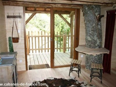 Cabane en bois dans les arbres, avec un tronc darbre intégré et vue sur la nature.