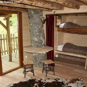Cabane en bois en Aquitaine, avec un arbre au centre et des lits superposés.
