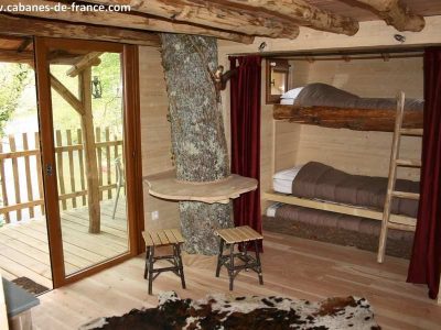 Cabane en bois en Aquitaine, avec un arbre au centre et des lits superposés.