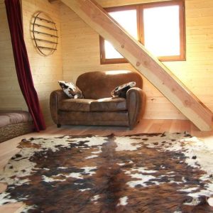 Cocon en bois en Aquitaine, avec un canapé confortable et un tapis en peau de vache.
