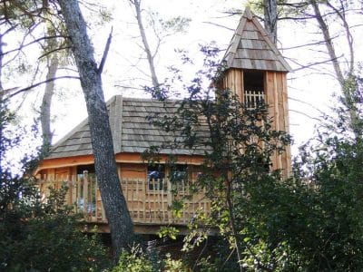 Cabane perchée en bois, entourée de pins, offrant une vue imprenable sur la nature.