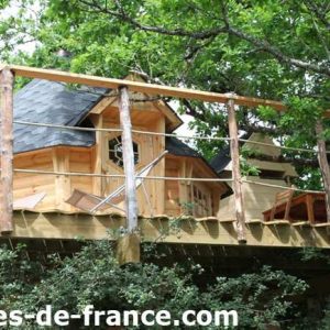 Cabane perchée en bois dans les arbres, entourée de verdure luxuriante.