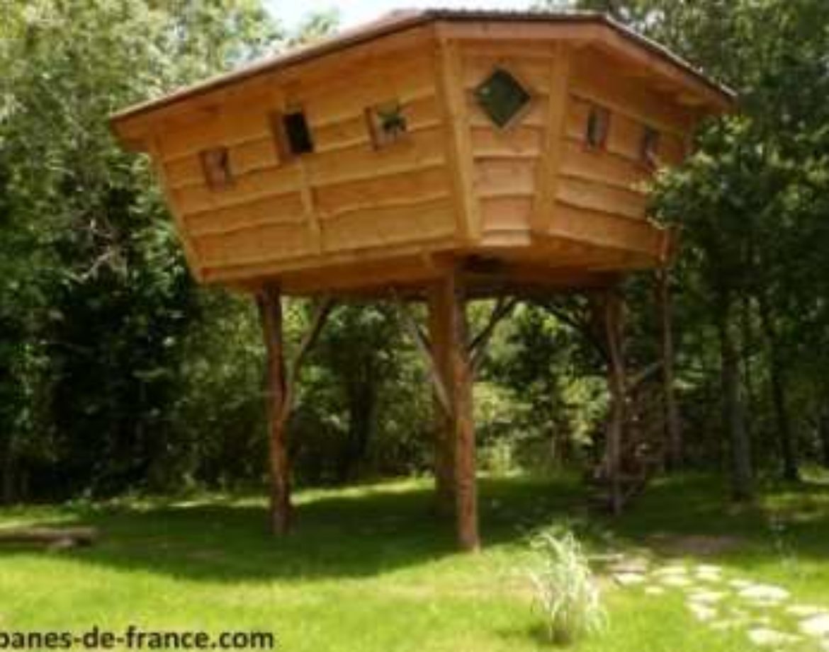 Cabane perchée en bois dans les arbres, entourée de verdure en Bretagne.