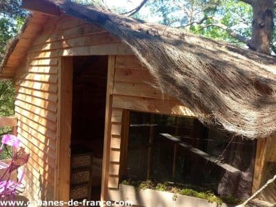 Cabane en bois avec toit en chaume, nichée dans la nature en Provence-Alpes-Côte dAzur.