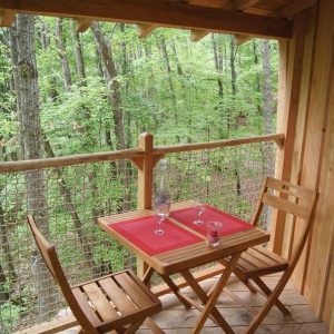 Cabane perchée en bois en Auvergne-Rhône-Alpes, avec vue sur la forêt verdoyante.