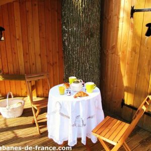 Cabane en bois à Champagne-Ardennes, avec une table dressée sous un arbre.