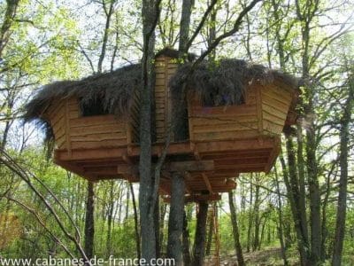 Cabane perchée dans les arbres, entourée de verdure, avec un toit en chaume.