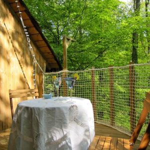 Cabane perchée en Champagne-Ardenne, avec une terrasse bois et vue sur la forêt.