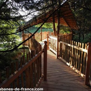 Cabane perchée dans les arbres, chemin en bois entouré de verdure paisible.
