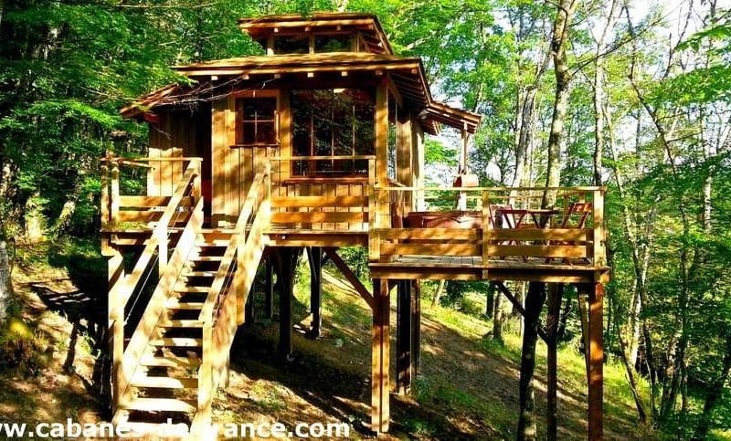 Cabane perchée en bois dans les arbres, entourée de verdure et accessible par un escalier.