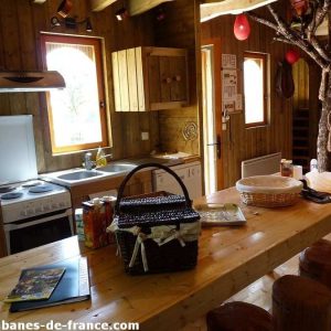Cabanes en bois en Nouvelle-Aquitaine, intérieur chaleureux avec table en bois et cuisine équipée.