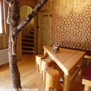 Cabane en bois en Nouvelle-Aquitaine, avec un intérieur chaleureux et des troncs darbre.