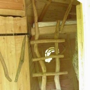 Cabane en bois à lIle-de-France avec échelle en rondins et fenêtre ronde.
