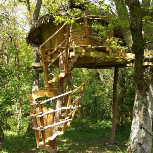 Cabane dans les arbres en Île-de-France, accessible par un escalier en bois.