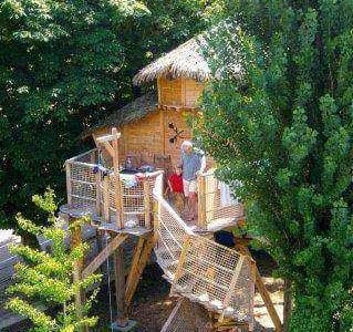 Cabane perchée dans les arbres, entourée de verdure, avec terrasse en bois.