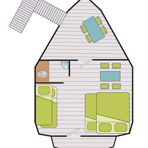 Hébergement insolite en forme de cabane avec mobilier moderne et espace cosy.