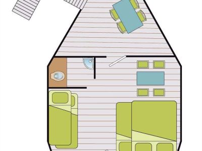 Hébergement insolite en forme de cabane avec mobilier moderne et espace cosy.