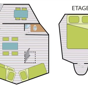 Hébergement insolite en forme de cabane avec un étage et un coin salon lumineux.