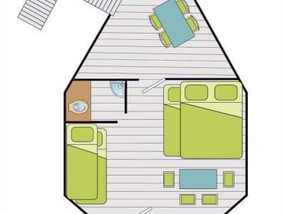 Hébergement insolite en forme de cabane, avec lits doubles et coin repas lumineux.
