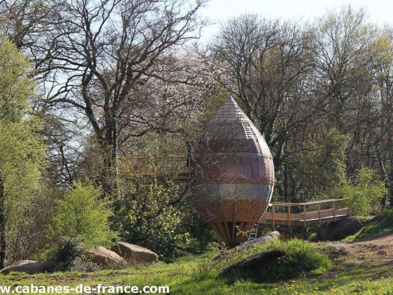Cabane en bois en forme de goutte, nichée dans la verdure des Pays de la Loire.