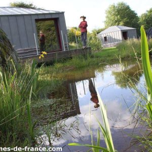 Cabane moderne au bord dun étang, entourée de verdure luxuriante.