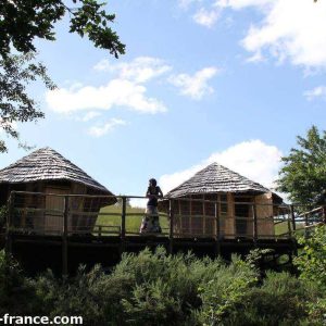 Cabane perchée dans les arbres, entourée de verdure et sous un ciel bleu.