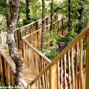 Cabane perchée en bois, entourée darbres, avec passerelles sinueuses.