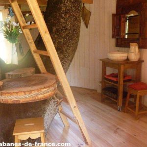 Cabane dans un arbre en Midi-Pyrénées, avec un intérieur en bois chaleureux et décor naturel.