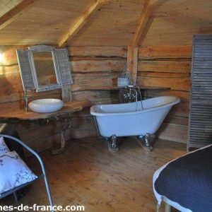 Cabane en bois en Auvergne-Rhône-Alpes avec baignoire sur pattes et décor chaleureux.
