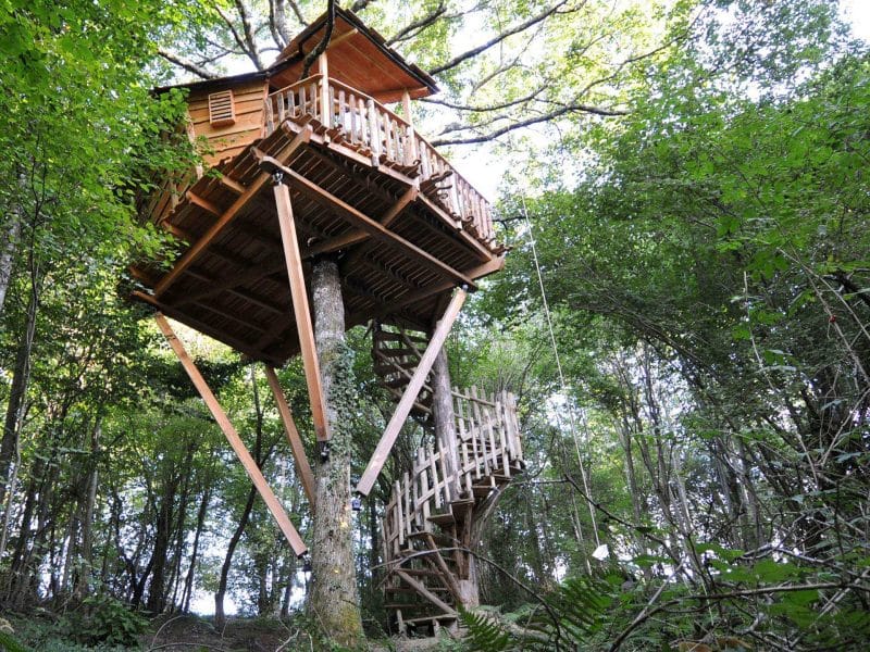 Cabane perchée dans les arbres, entourée de verdure luxuriante.
