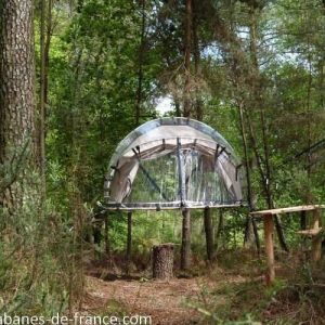 Cabane suspendue en Bretagne, perchée entre les arbres, offrant une vue unique sur la nature.