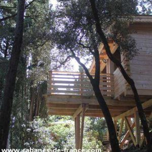 Cabane perchée en bois, entourée darbres, offrant une vue apaisante sur la nature.