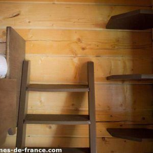 Cabane en bois avec échelle et étagères intégrées, ambiance chaleureuse.