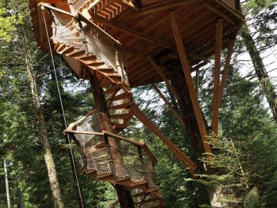 Cabane perchée en bois, entourée darbres, avec une belle échelle en colimaçon.