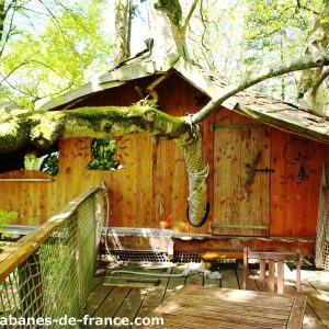 Cabane perchée en bois dans les arbres, entourée de verdure luxuriante.
