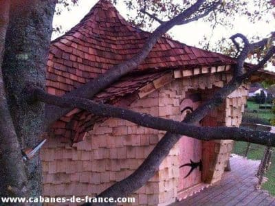 Cabane perchée dans un arbre, toit en ardoise, ambiance nature et paisible.