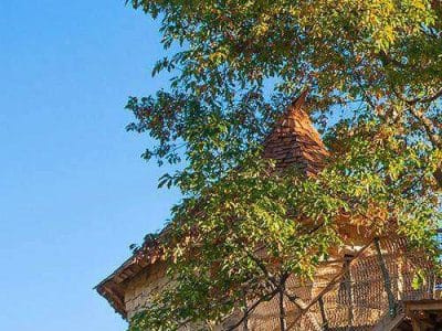 Cabane perchée dans les arbres, entourée de feuillage coloré et ciel bleu.