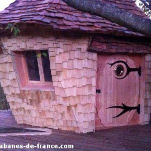 Cabane en bois originale avec un toit en bardeaux et une porte artistique.