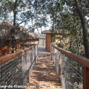 Cabane perchée en bois, accessible par un pont suspendu, entourée de verdure.