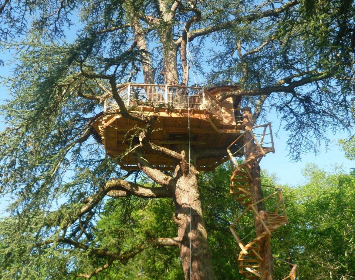 Cabane perchée dans un arbre, entourée de verdure, accès par un escalier en spirale.
