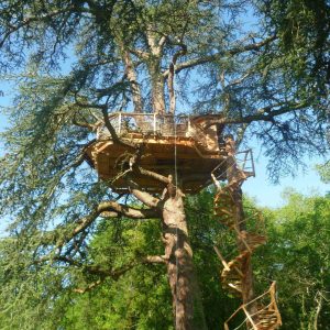 Cabane perchée dans un arbre, entourée de verdure, accès par un escalier en spirale.