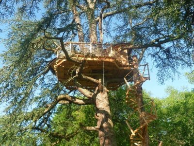 Cabane perchée dans un arbre, entourée de verdure, accès par un escalier en spirale.