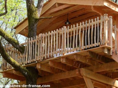 Cabane perchée dans les arbres, avec un balcon en bois et une vue sur la nature.