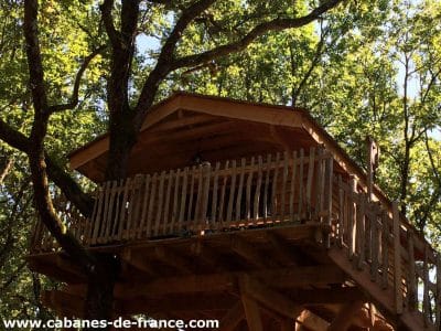Cabane perchée dans les arbres, avec balcon en bois et vue sur la forêt verdoyante.