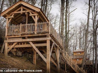 Cabane perchée en bois, entourée darbres, offrant une vue panoramique.
