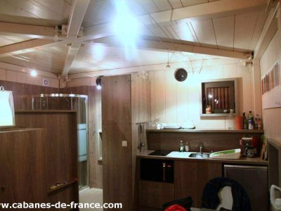 Cottage moderne en bois avec cuisine équipée et éclairage chaleureux.